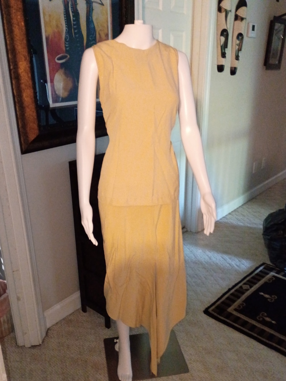 Sleeveless Mustard Yellow Asymmetric-Hem Women's Top and Skirt
